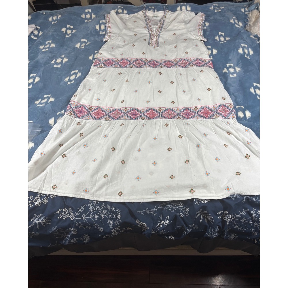 Sundance White Embroidered Cotton Maxi Dress XXL Boho Tiered Short Sleeve